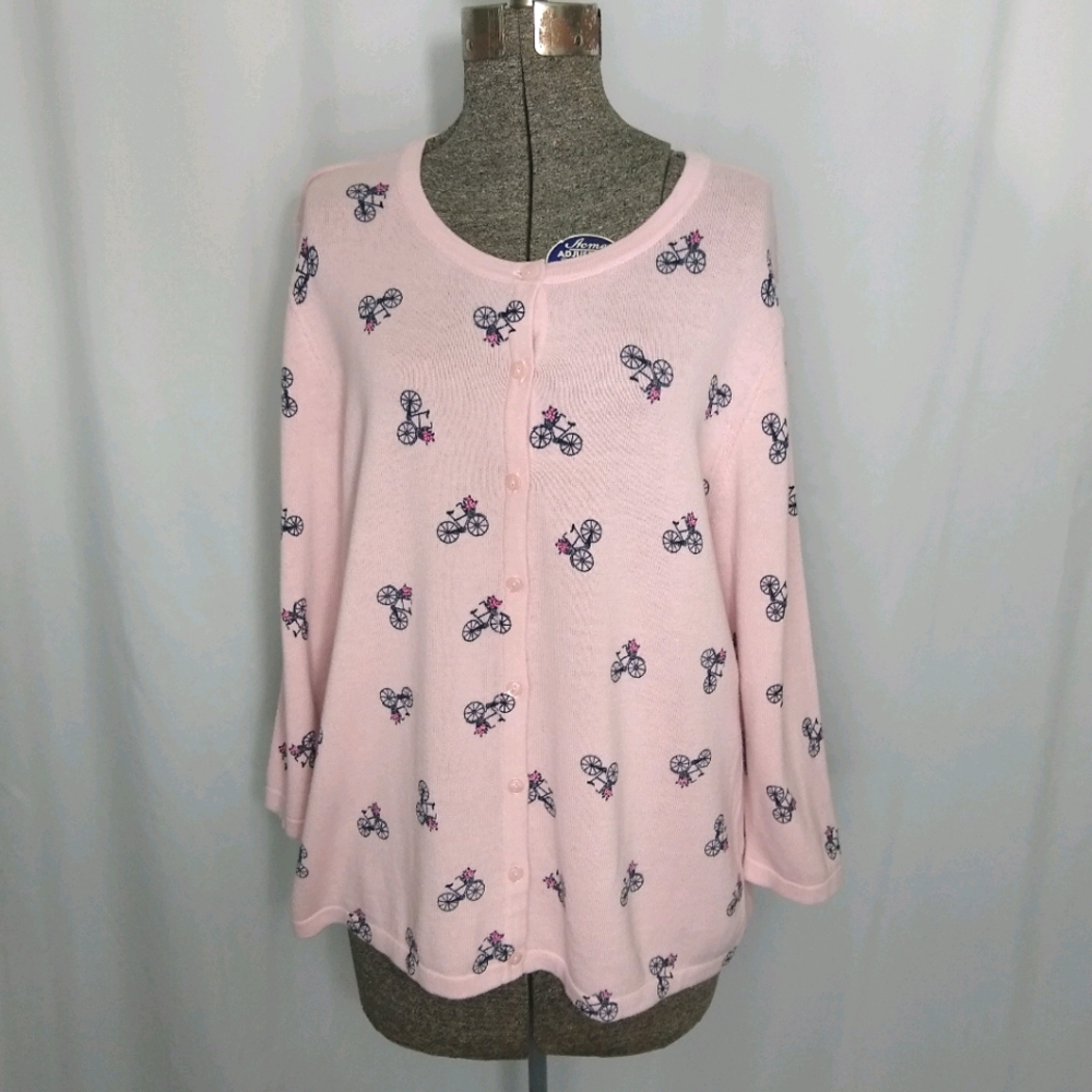 Christopher & Banks pastel pink bicycle print 3/4 sleeve lightweight cardigan